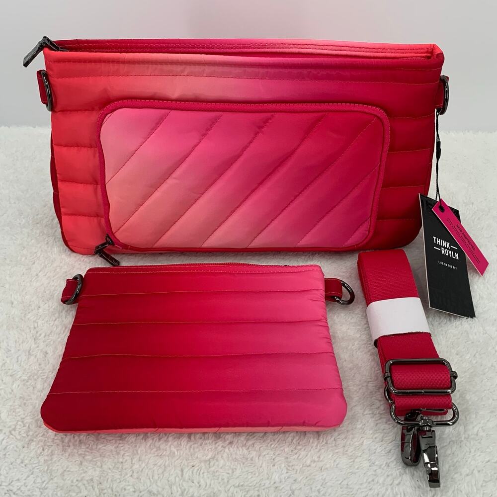 Think Royln Bank Street XL Crossbody w/Pouch Fuchsia Ombre Quilted Puffer RFID